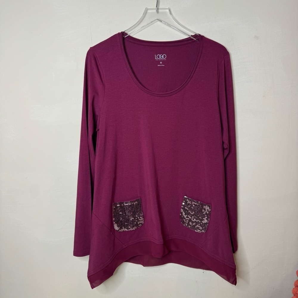 LOGO by Lori Goldstein Maroon Tunic Top Shirt Sequined Pockets size medium